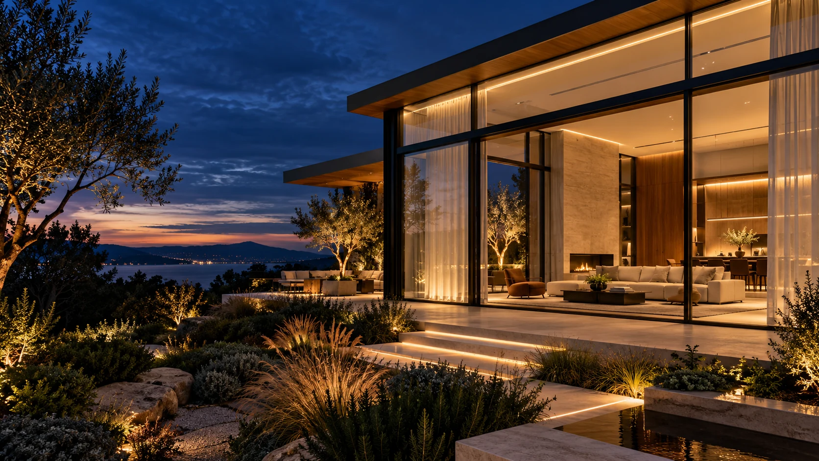 Modern home glowing with warm architectural lighting at dusk